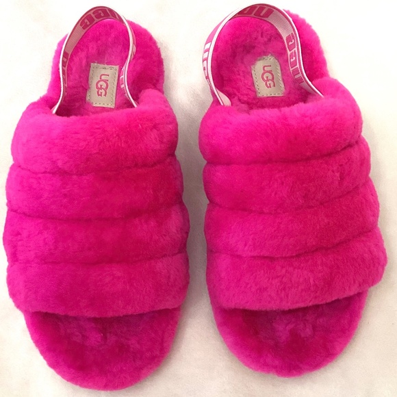 UGG FLUFF YEAH LAMB FUR HOT PINK SLING BACK PEEP TOE SLIPPERS SZ 7 - Picture 10 of 14